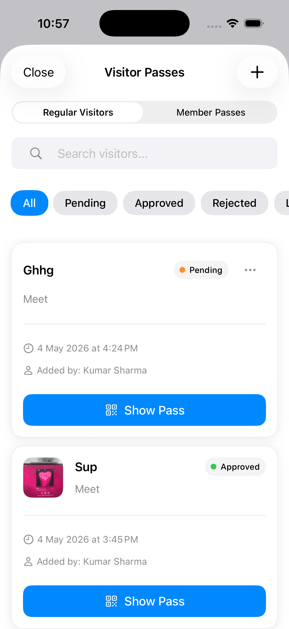 Instant Visitor Pass screen in GateFlow